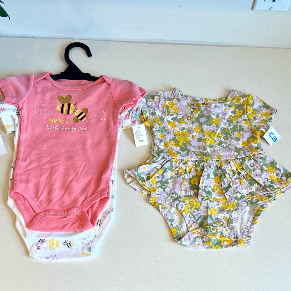 Baby Girl Onesie Bundle NWT Carter’s Floral Dress Romper + Bee Bodysuits
